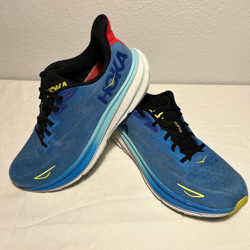 Hoka Clifton 9 Mens Running Shoes 12.5 Blue Yellow 1127895 VRTL Low Top Sneaker